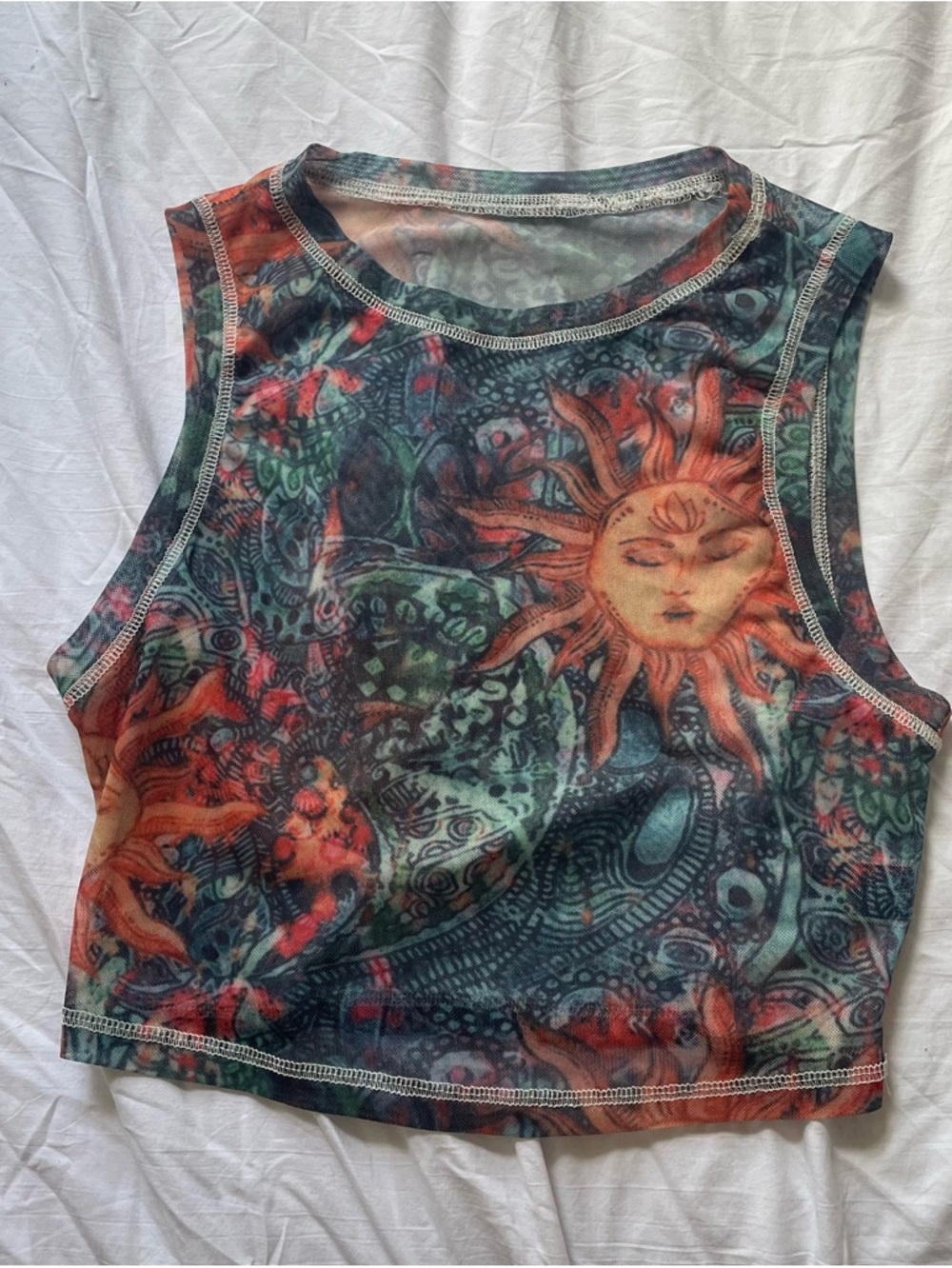Womens Sun & Paisley Print mesh 
 Crop tank top - Multicolor